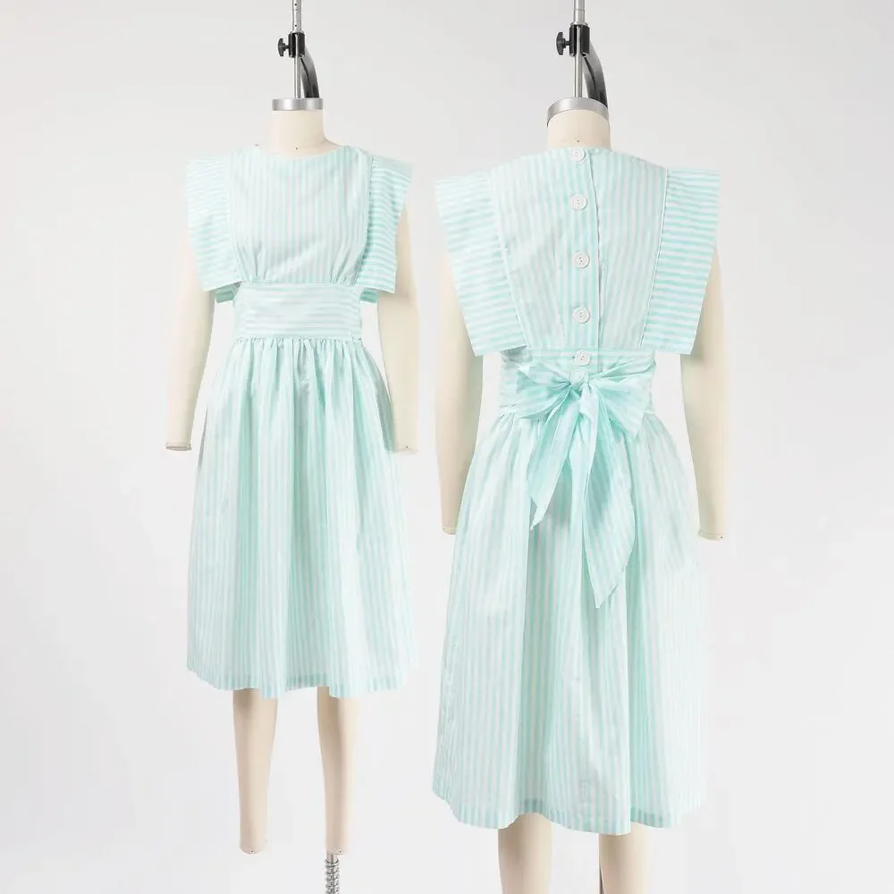 Vintage 80s Pastel Striped Dress Aqua White Cotton Blend Midi Sundress Bow S